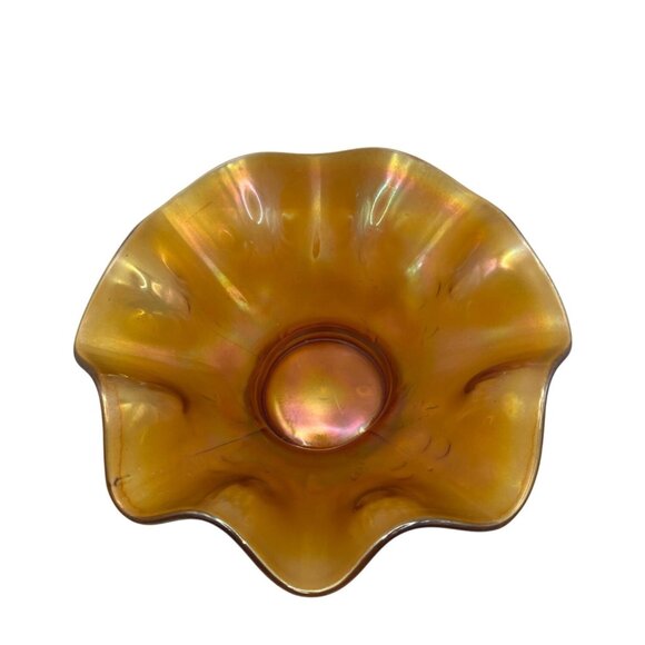 Vintage Amber Iridescent Glass Ruffled Edge Bowl 7" Wide C272 - Picture 1 of 3